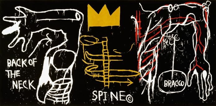 Jean-Michel Basquiat, Back ofthe Neck, 1983 Screenprint with hand-coloring on paper, 127.6 x 259.1 cm Edition 1/24 Brooklyn Museum, Charles Stewart Smith Memorial Fund O Estate of Jean-Michel Basquiat. Licensed by Artestar, New York