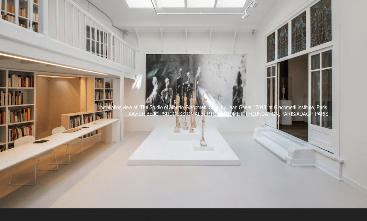 Installation view of “The Studio of Alberto Giacometti Seen by Jean Genet,” 2018, at Giacometti Institute, Paris. XAVIER BEJOT/SUCCESSION ALBERTO GIACOMETTI FOUNDATION, PARIS/ADAGP, PARIS