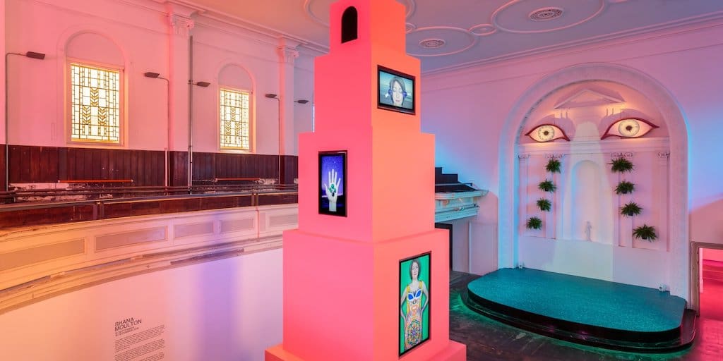 Shana Moulton, The Pink Tower and The Waterfall of Grief, 2019, exhibition view Zabludowicz Collection, London. Courtesy the artist and Zabludowicz Collection. Photo: Tim Bowditch