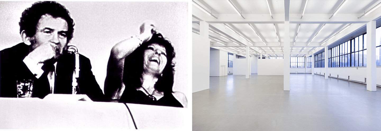 Left: Town Bloody Hall (still), 1973, Film. Right: Kunstverein in Hamburg. Photo: Fred Dott.