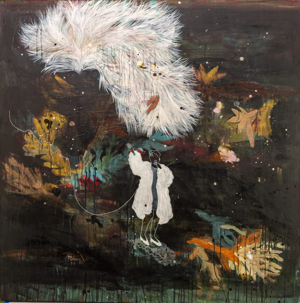 Marielle Plaisir - B. Holiday - Medium: Painting - Materials used: Acrylic, inks, handmade embroidery on canvas - Size (cm): 119.4 x 119.4 cm - Size (in): 47 x 47 in