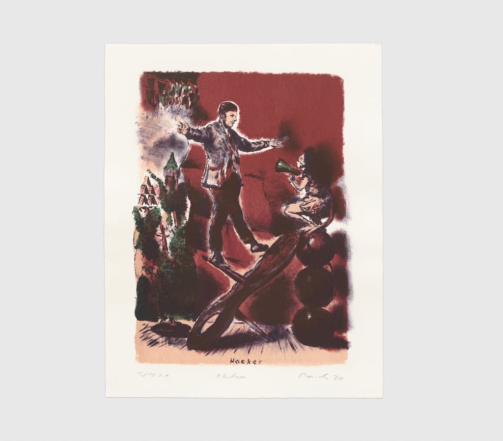 Neo Rauch - Hocker, 2020 Four-color lithograph on Hahnemühle Alt Worms paper - 17 3/4 x 13 3/4 inches (45.1 x 34.9 cm) - Edition of 35, 10 AP, 4 PP - Signed, titled, dated, and numbered recto - Printed by Lithographisches Atelier Leipzig