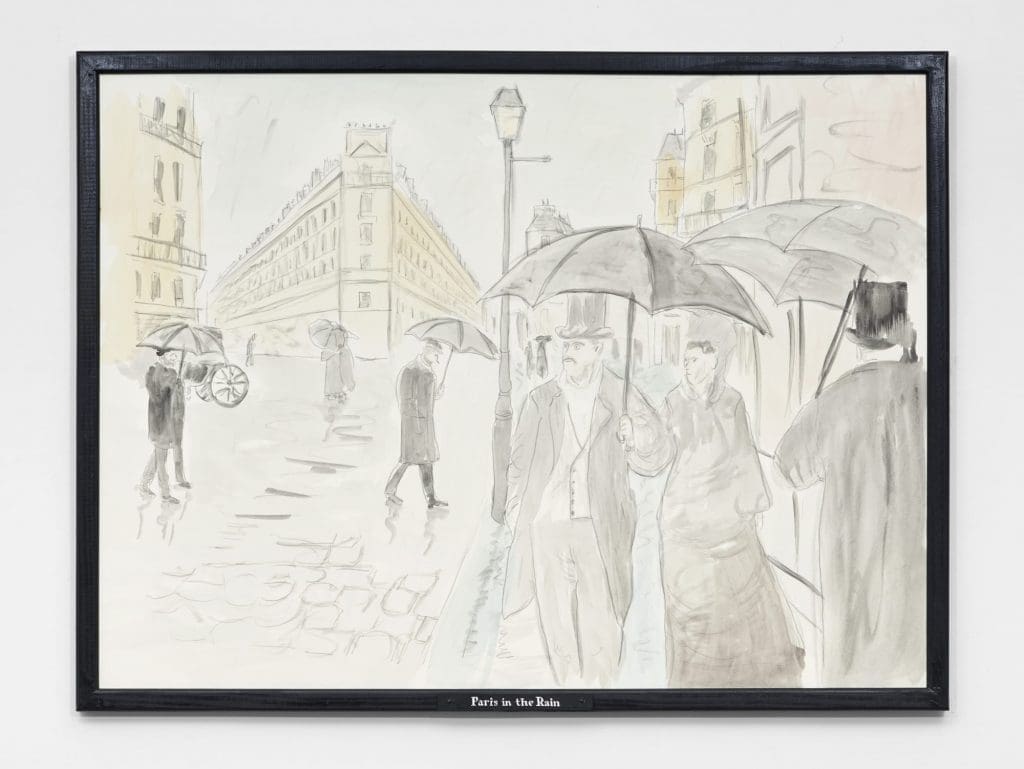 Jos De Gruyter & Harald Thys Paris in the Rain, 2015 Pencil and watercolour on cardboard in wooden frame Framed: 61 x 81 x 2 cm (24 1/8 x 31 7/8 x 3/4 in.)