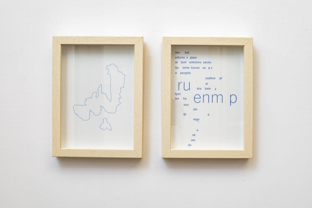 how to draw an island: the island, how to draw an island: words, 2020, print on cotton paper 300 gr, dyptich, cm 13x18 each, (with frame: cm 18x23, overall dimension: cm 41x23) photo: Danilo Donzelli