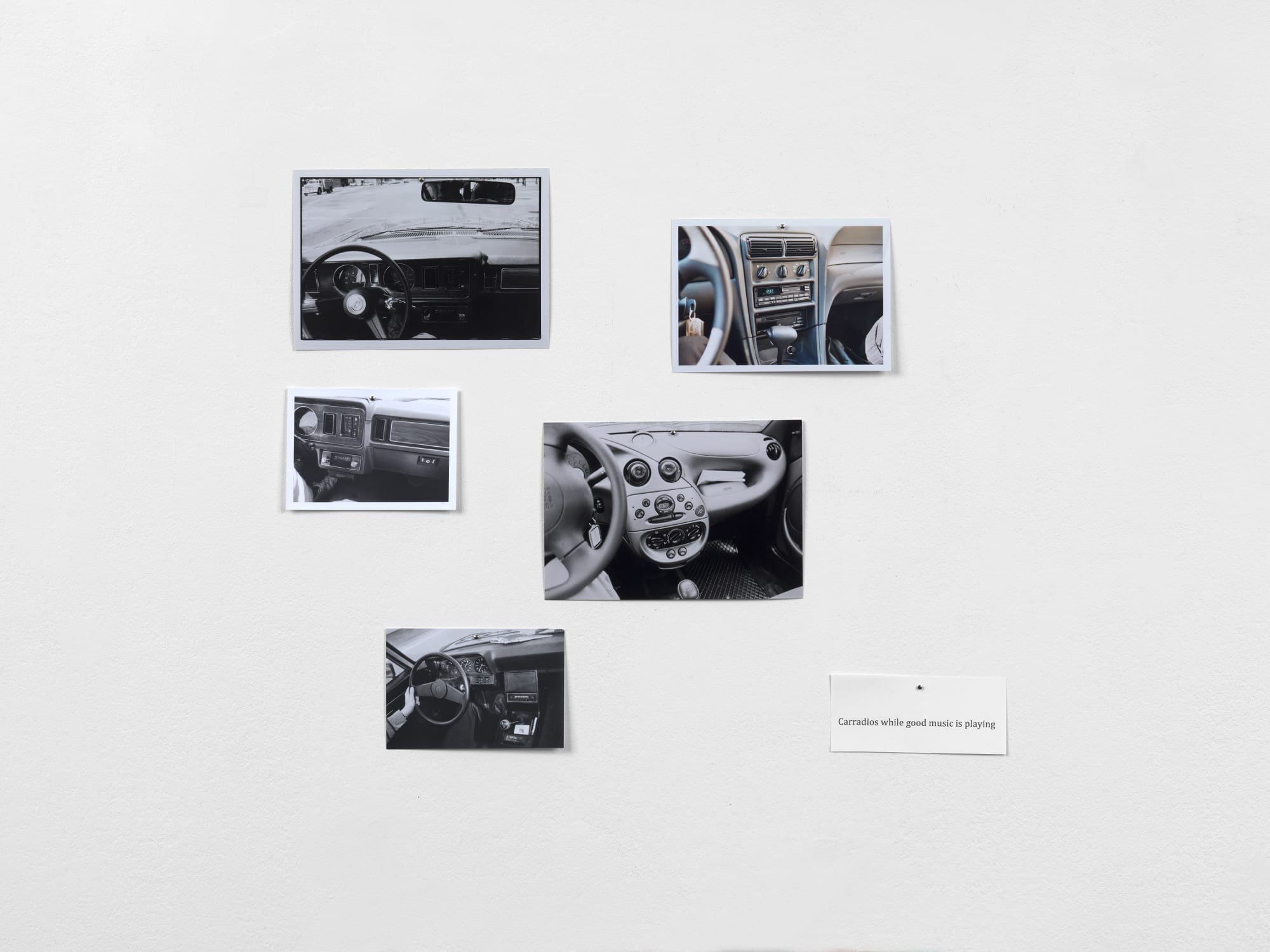 Hans-Peter Feldmann Car radios while good music is playing 4 black and white photographs and 1 colour photograph, pinned Dimensions variable