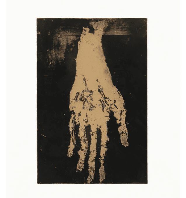 Georg Baselitz Mano II (gold), 2019 One from a set of ten aquatint and sugar-lift aquatints from two plates on 300gsm Hahnemühle Bütten paper Paper 78.0 x 53.5 cm / Image 49.5 x 33.0 cm Edition of 12 + IV