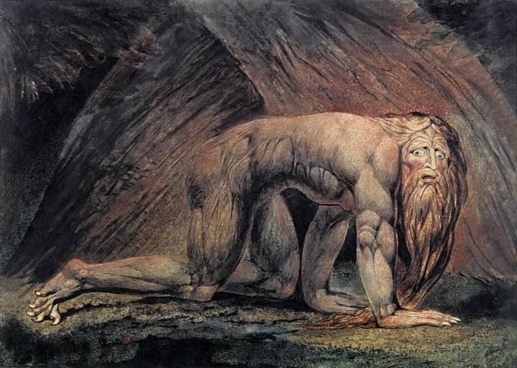 William Blake. Nebuchadnezzar, 1795. Pen, ink and watercolor on copper plate, 17.5 x 24 inches (45 x 62 cm)