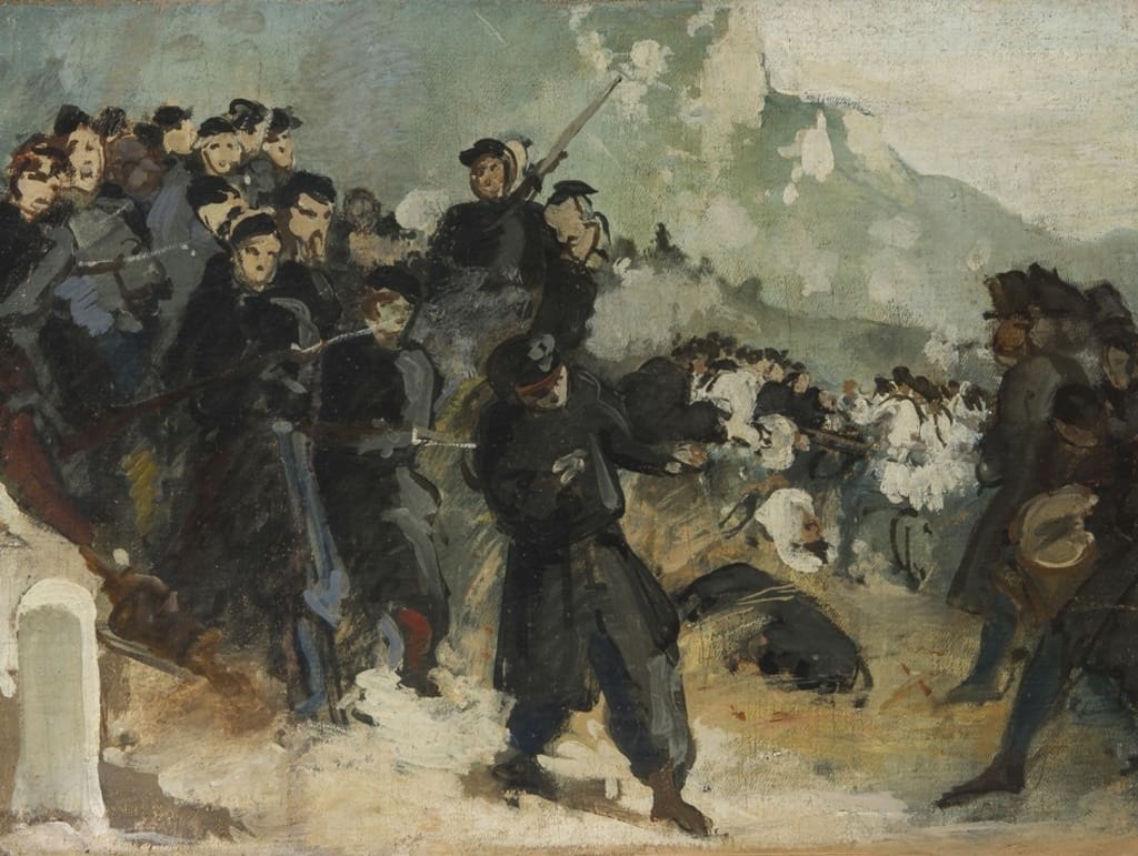 Federico Faruffini, Bozzetto per la battaglia di Varese, 1861-1862, olio su tela, 18,3 x 37,3 cm, collezione privata