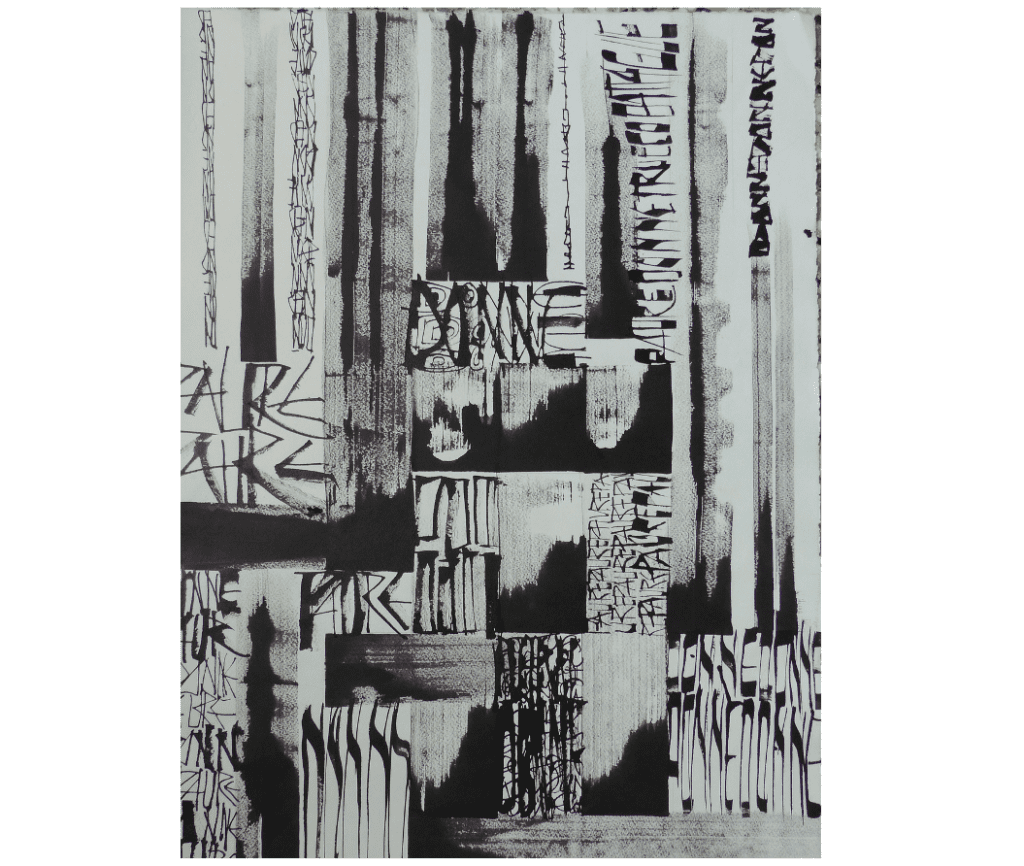 Riccarda Bianco SKYLINE di PAROLE 2 L’opera fa parte della serie SKYLINE del 2018 Supporto: carta velin arches 65x50 Tecnica: inchiostro nero e acrilico
