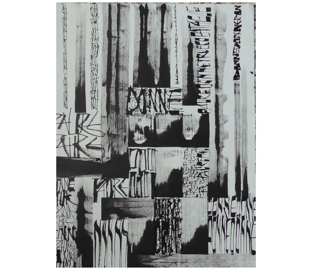 Riccarda Bianco SKYLINE di PAROLE 2 L’opera fa parte della serie SKYLINE del 2018 Supporto: carta velin arches 65x50 Tecnica: inchiostro nero e acrilico