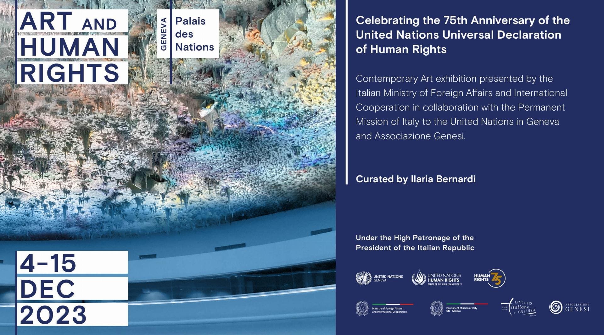 Mostra Arte italiana e Diritti Umani alla sede dell'ONU di Ginevra. Commemorazione dei 75 anni dalla Dichiarazione Universale dei Diritti Umani